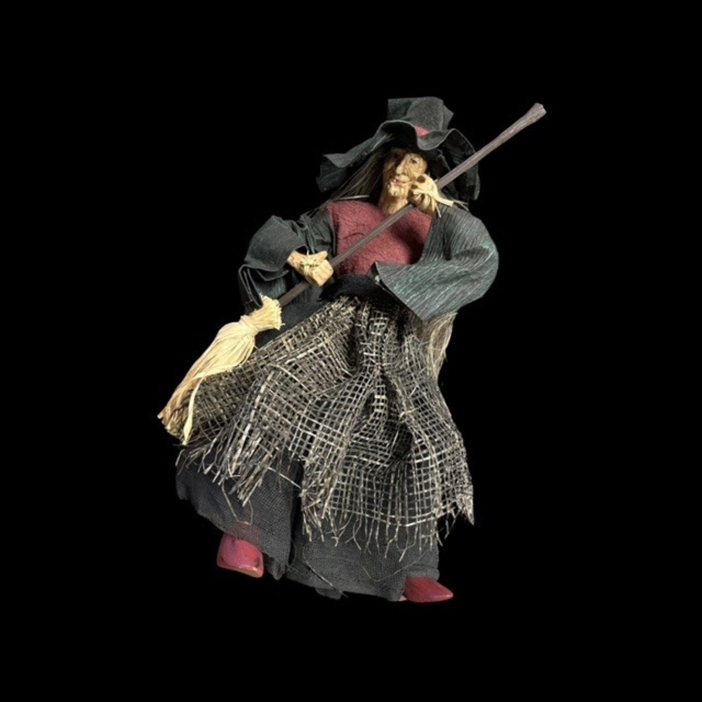 Vintage Fabric Mache Witch Figurine Halloween Folk Art Decor Black Red Excellent